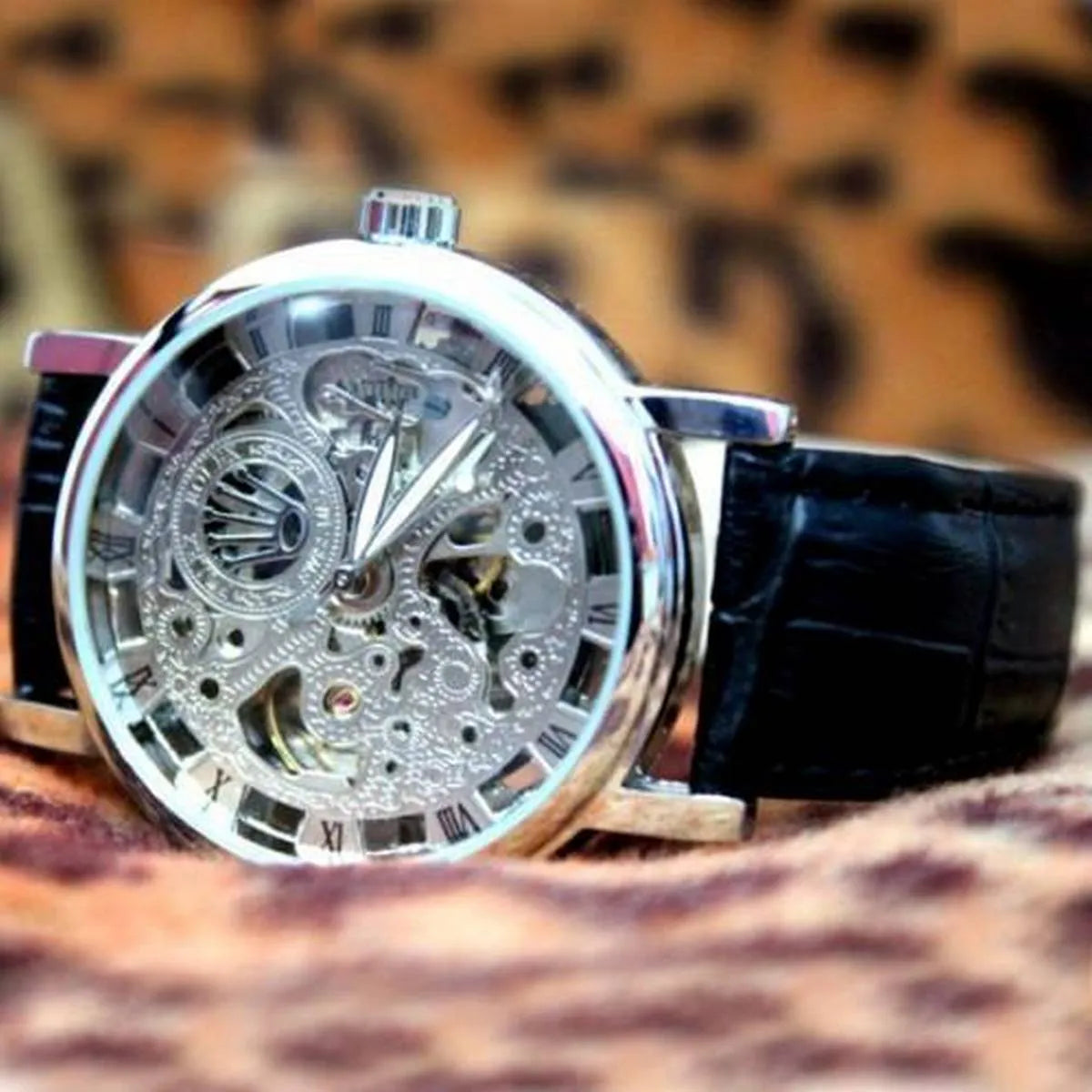 Brown Leather Skeleton Watche for Men